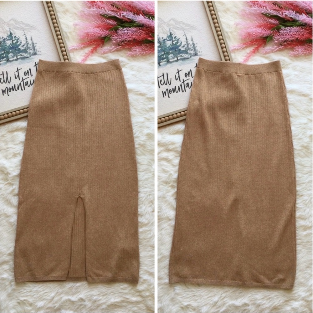 Free People XS Heathered Brown Ribbed Knit Slit Midi Skirt Western Boho Neutral - Picture 8 of 14